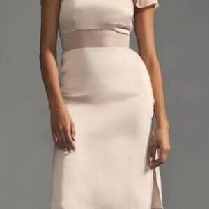 Anthropologie Flutter-Sleeve Satin Sheath Dress Cream Size 10 New